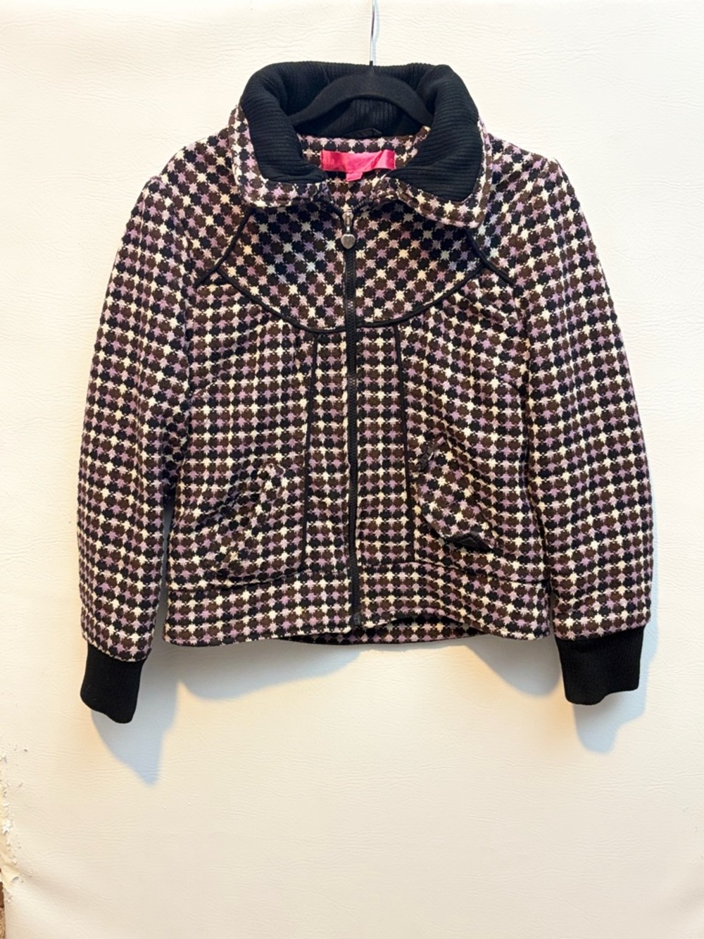 Paris Hilton Houndstooth Wool Blend Black Purple Zip Jacket XL Girls (S Women’s)
